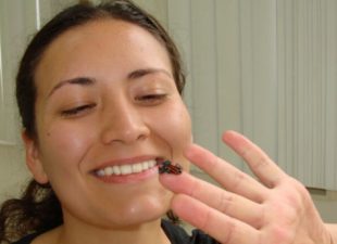 Teresa holding poison dart frog