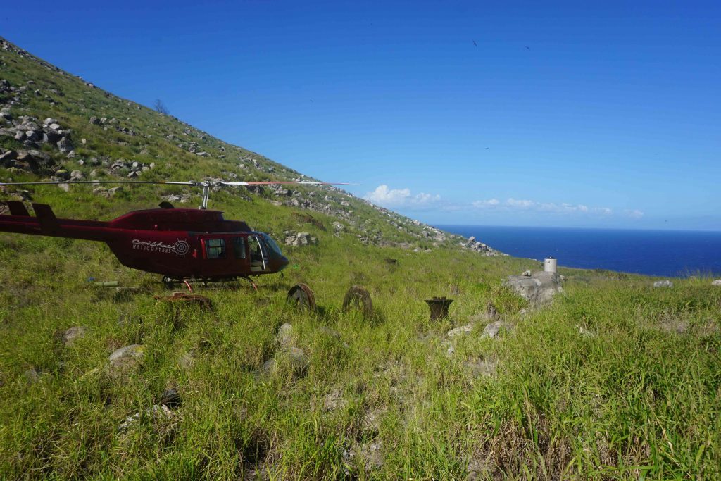 Redonda can only be reached by helicopter. As the vegetation recovers, landing is becoming more difficult (Photo by Mike Appleton, Global Wildlife Conservation)