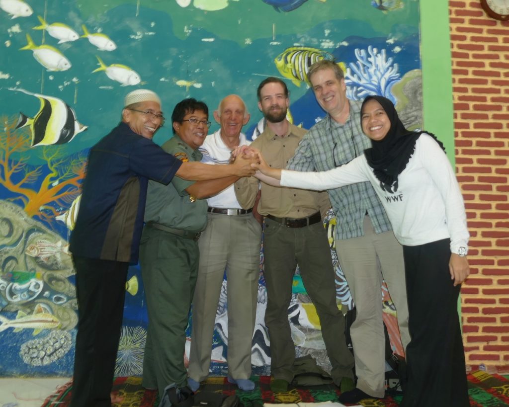 United to protect the Javan Rhino. From right to left: Kurnia Khairani (WWF), Mike Appleton and James Slade (GWC), Mike Griffiths (WPS), Mamat Rahmat (Head of Ujung Kulon NP) and Mr. Haryani (YABI). (Photo courtesy of Mike Appleton)