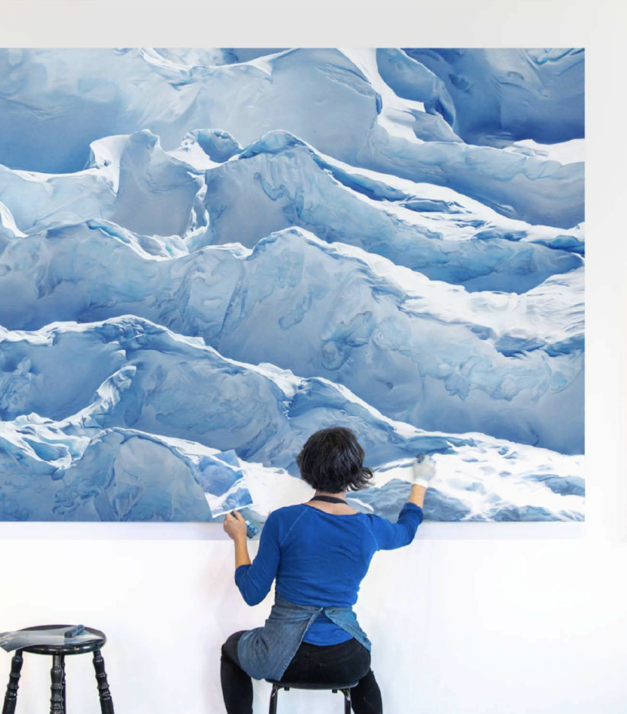 Process shot of Zaria Forman at work on Jakobshavn Glacier, Greenland, 69° 47’31.092″N 49° 47′ 31.7076″W, April 29th, 2017.