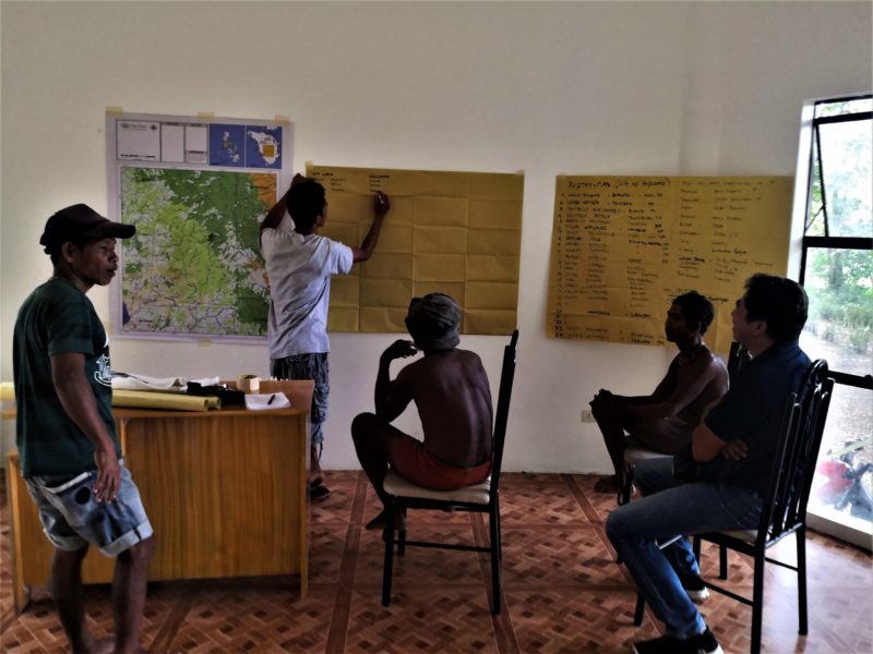 Allan Lumawig (second from left) facilitates a discussion among the Tau-buid fagtaynans (community leaders), Protected Area Superintendent, and D'Aboville Foundation system to document the Tau-buid traditional practices.