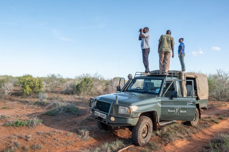 Rangers Kyalo, Christine and Catana of the Hirola Monioring Team with Tsavo Trust. (Photo by Robin Moore, Global Wildlife Conservation)